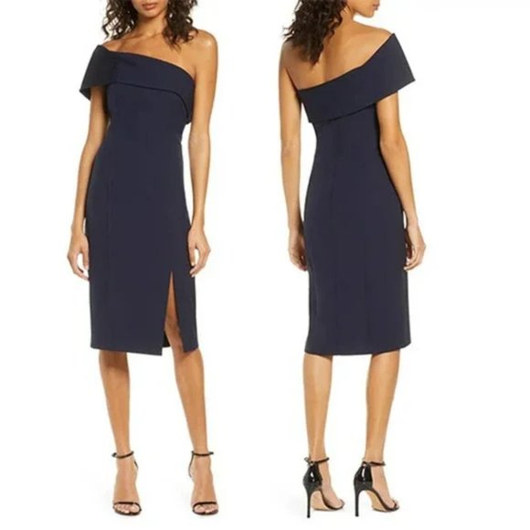 Eliza J Off The Shoulder Scuba Crepe Cocktail Dress Front Slit Navy Size: 6 NWOT